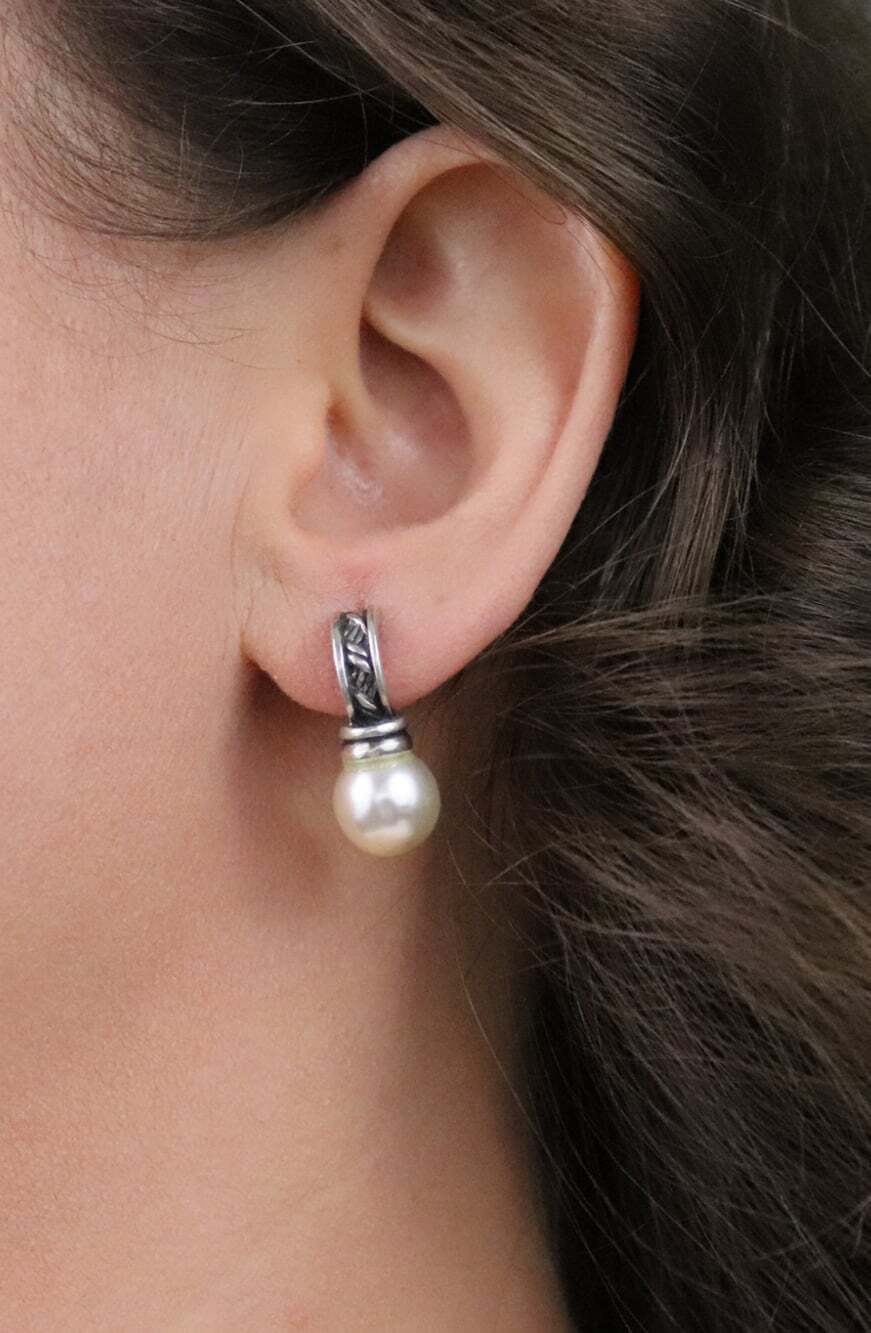 Sterling Silver Simulated Pearl Earrings Drop Earrings 7/8" x 3/8" - Picture 2 of 7